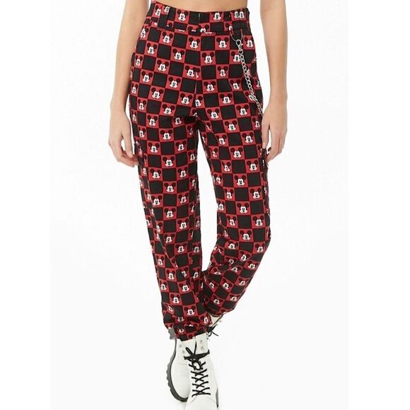 Disney Womens Mickey Mouse Checkered Red & Black Jogger Pants Small - Picture 1 of 5
